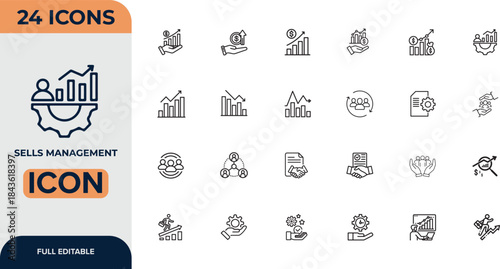 Sales management line editable icon set. sales team icon set featuring teamwork, target, negotiation, customer, goal, relations, performance, analytics, and business growth visuals. editable stroke.