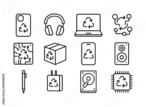 Eco-Tech Icon Set. Recycled Material Tech. Line icon set of Recy