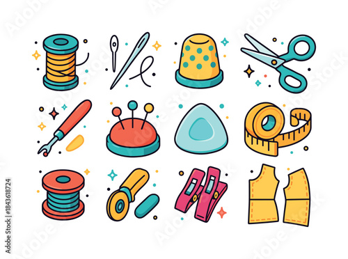Colorful Sewing Tools Icons. Sewing Tools. Colorful isometric ve