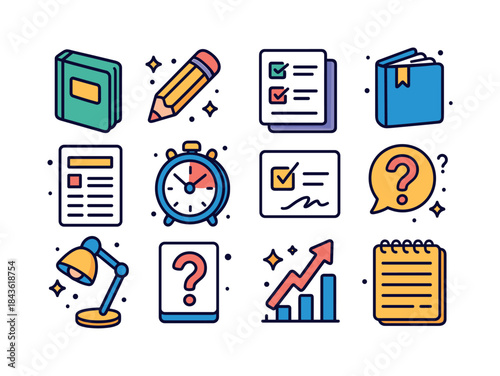Homework Icons Set. Homework & Learning. Colorful isometric vect