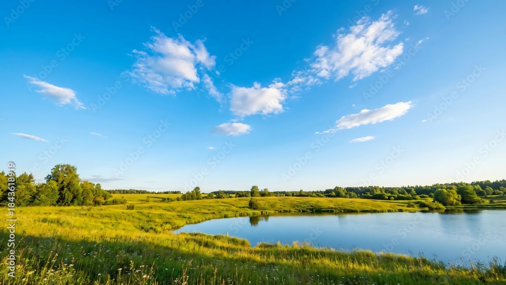 Fototapeta premium Expansive green fields with a tranquil lake under a vast blue sky with scattered white clouds