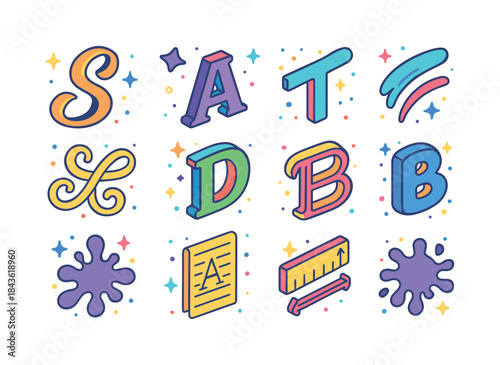Colorful Lettering Icons. Handcrafted Lettering. Colorful isomet