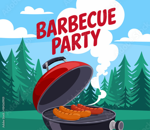 A lively barbecue party scene showcasing a grill with sizzling sausages, set against a backdrop of trees, symbolizing fun gatherings and outdoor cooking experiences.