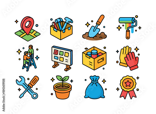 Community Project Icons. Community projects. Colorful isometric