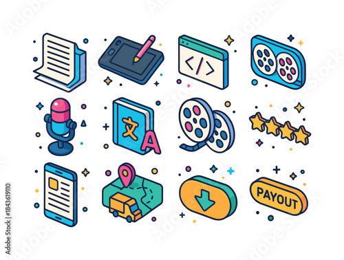 Digital Gig Icons. Digital Gig Work. Colorful isometric vector i