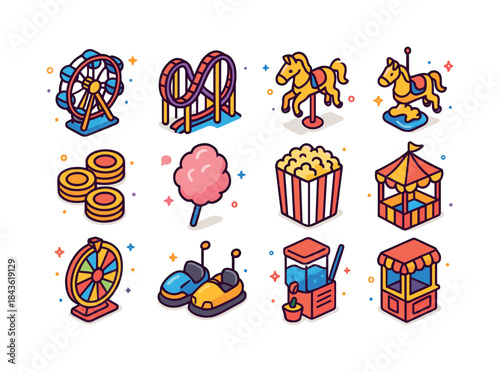 Summer Amusement Icons. Summer amusement. Colorful isometric vec