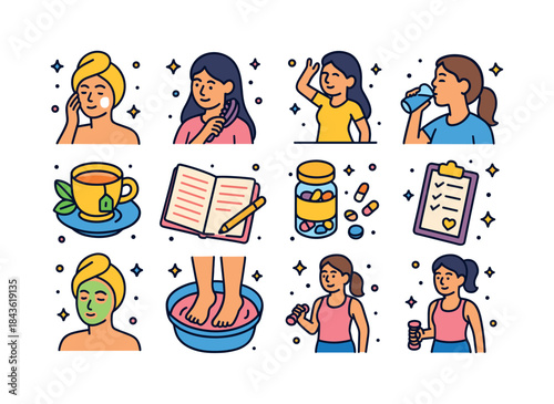 Colorful Wellness Icons. Wellness routines. Colorful isometric v