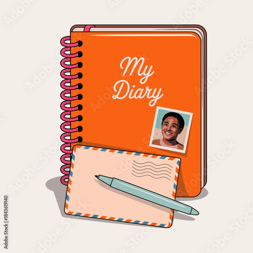 An eye-catching illustration of a vibrant orange diary accompanied by a postcard and a pen, symbolizing memories and personal reflections captured in written form.