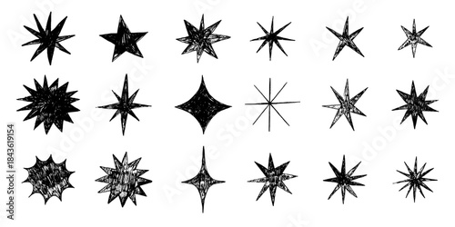 Sketch style star shapes drawn with crayon. Kid style doodle stars with shine, sparkles and sparks. Hand drawn childish doodle elements. Shining twinkle sunburst shapes collection. Night sky symbols