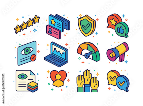 Colorful Reputation Icons. Online Reputation. Colorful isometric