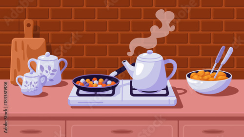A warm kitchen scene showcases a teapot on the stove with ingredients and food items prepared, inviting comfort and homey vibes for cooking enthusiasts or chefs.