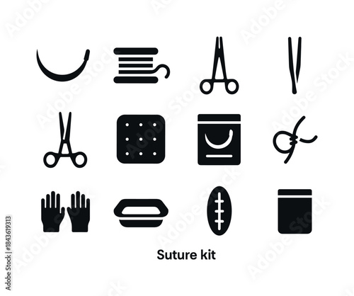 Surgical Tool Icons. Suture kit. Solid icon set of suture kit: c