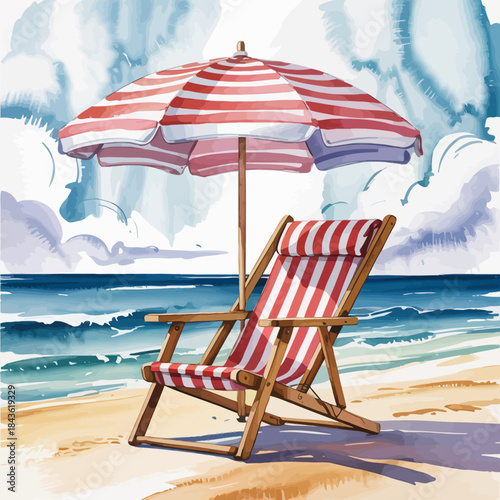 A cozy beach chair adorned with a striped umbrella invites relaxation by the tranquil ocean, encapsulating the essence of a perfect summer getaway and leisurely beach vibes.
