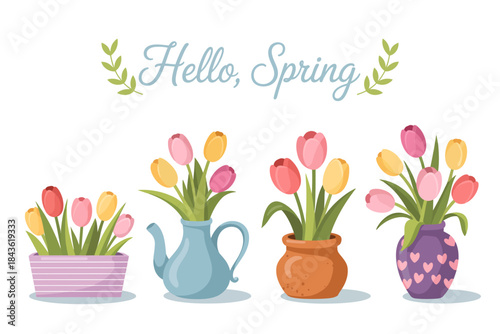This vibrant illustration of tulips in various pots embodies the joy and beauty of spring, showcasing an array of colorful flowers that evoke feelings of renewal and growth.