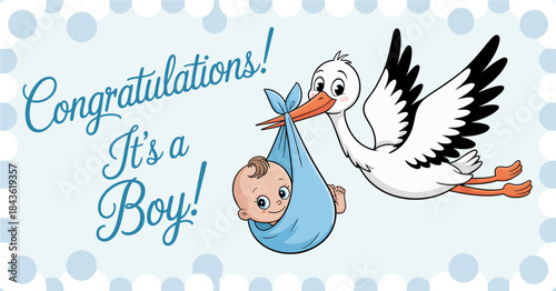A charming illustration of a stork carrying a baby bundle with a blue blanket, celebrating the announcement of a baby boy with joyful imagery.