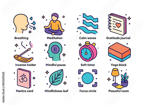 Mindfulness Icons Collection. Mindfulness practices. Colorful is