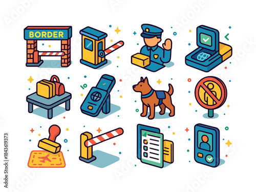 Colorful Border Control Icons. Border Control. Colorful isometri