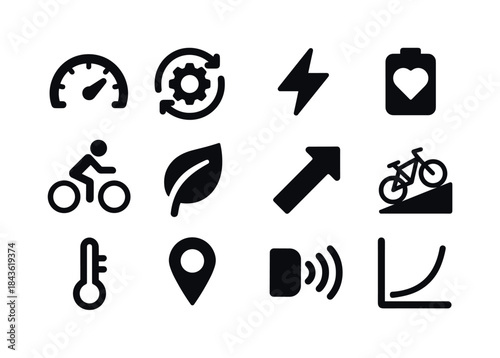 E-Bike Performance Icons. E-bike performance. Solid icon set of
