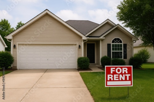 Suburban house for rent sign in front of a new home, rental property real estate real estate.