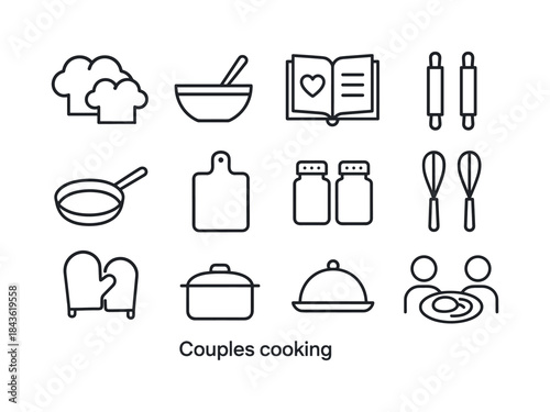 Couples Cooking Icons. Couples cooking. Line icon set of Couples