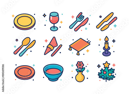 Festive Table Icons. Table Setting. Colorful isometric vector ic