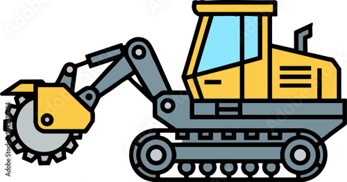 Heavy construction trackhoe machine with cutting wheel icon.