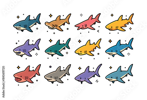 Colorful Shark Icons. Shark species. Colorful isometric vector i