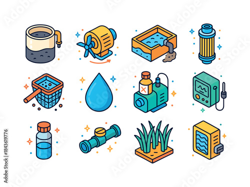 Water Treatment Icons. Water pollution control. Colorful isometr