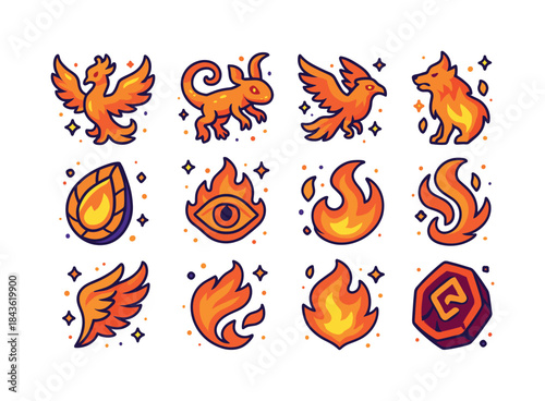 Fiery Creature Icons. Fire Creatures. Colorful isometric vector