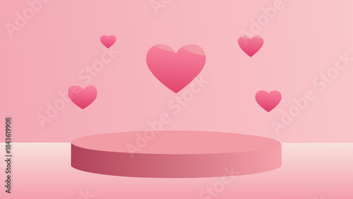 Sweet pink background design featuring floating hearts and a round podium perfect for product presentation or Valentine's Day promotions