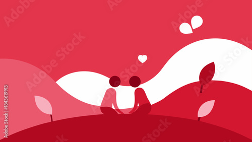 A beautiful minimalist digital artwork depicting a loving couple sitting together on a red hill, surrounded by hearts and a serene landscape