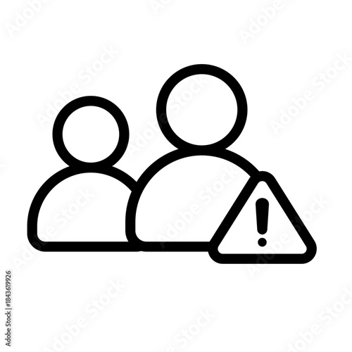 two people symbols combined with an exclamation mark, often used to denote issues like security breaches affecting users, group policy violations, insufficient staffing, or user account errors.