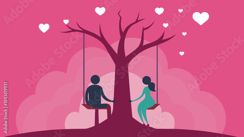 A lovely illustration of a couple on swings under a tree with hearts floating around them symbolizing love and romance