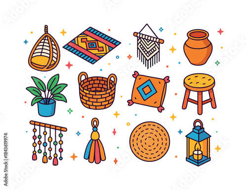 Boho Living Room Icons. Boho living room. Colorful isometric vec