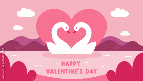 A romantic vector illustration for Valentine's Day showing two white swans forming a heart shape against a pink heart background and stylized landscape