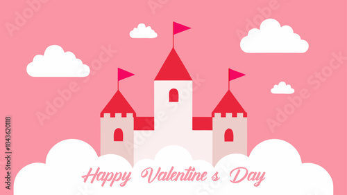 A delightful pink and white fairy tale castle illustration, set against a pink sky with fluffy clouds, perfect for celebrating Valentine's Day in a romantic style.