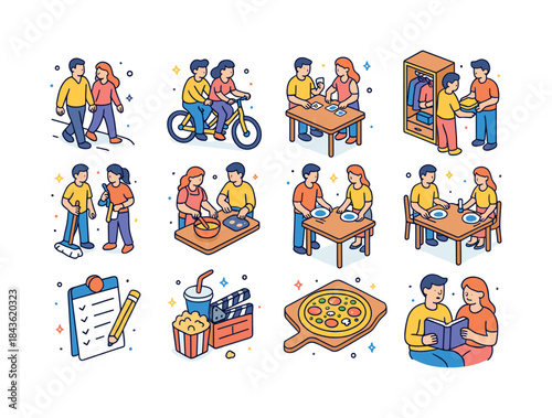 Couple Activities Icons. Couple activities. Colorful isometric v