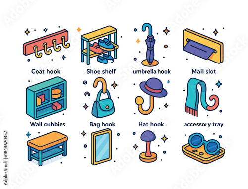 Colorful Hallway Icons. Hallway organization. Colorful isometric