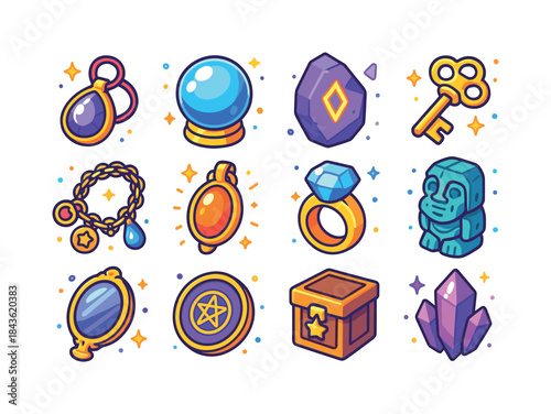 Arcane Artifacts Icons. Arcane artifacts. Colorful isometric vec