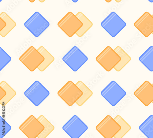 A seamless pattern with colorful kitchen napkins in soft blue, orange, and yellow tones. Ideal for home textiles, wrapping paper, kitchen decor, fabric prints, and surface design.