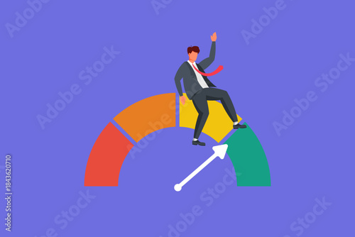 A cartoon businessman in a suit sits on a large speedometer gauge with one leg raised triumphantly in the air against a solid blue background.
