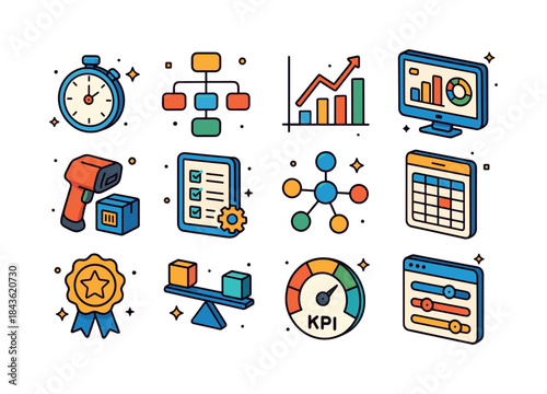 Colorful Efficiency Icons. Operational efficiency tools. Colorfu