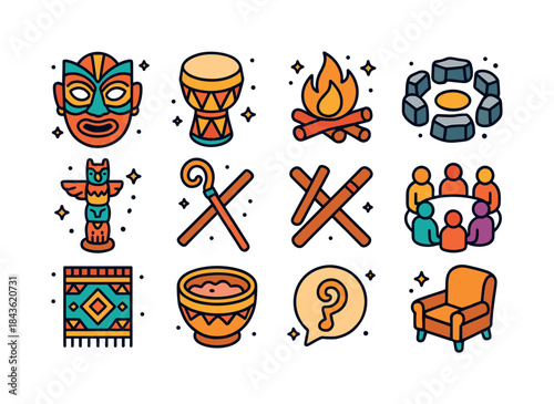 Colorful Ritual Icon Set. Ritual storytelling. Colorful isometri