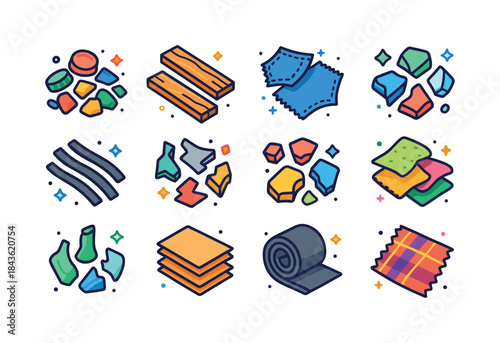 Colorful Upcycled Icons. Upcycled Materials. Colorful isometric