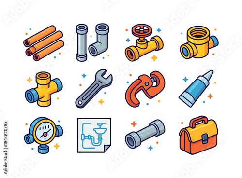 Colorful Plumbing Icons. Home Plumbing. Colorful isometric vecto