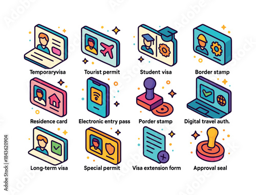 Colorful Entry Icons. Entry Permissions. Colorful isometric vect