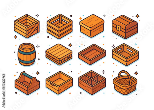 Colorful Wooden Container Icons. Wooden containers. Colorful iso