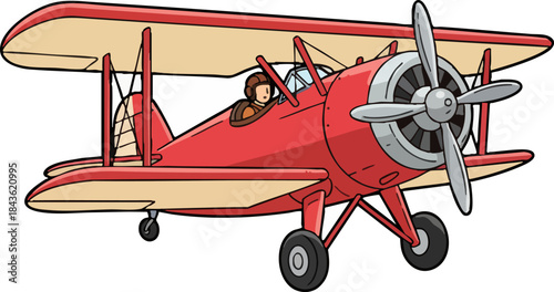Red Vintage Biplane Cartoon Illustration with Pilot Flying