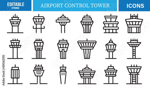 Professional air traffic tower icon collection for transportation projects