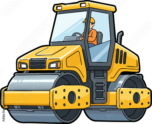 Construction worker operating yellow road roller vehicle